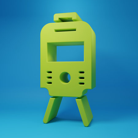 Green Tram and railway icon isolated on blue background. Public transportation symbol. Minimalism concept. 3D render illustration.の写真素材