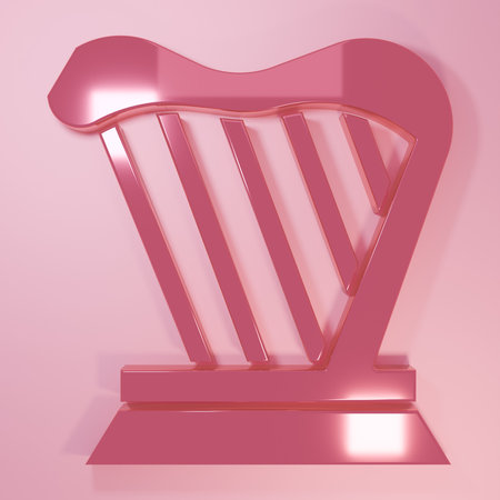 Pink Harp icon isolated on pink background. Classical music instrument, orchestra string acoustic element. Minimalism concept. 3D render illustration.の写真素材