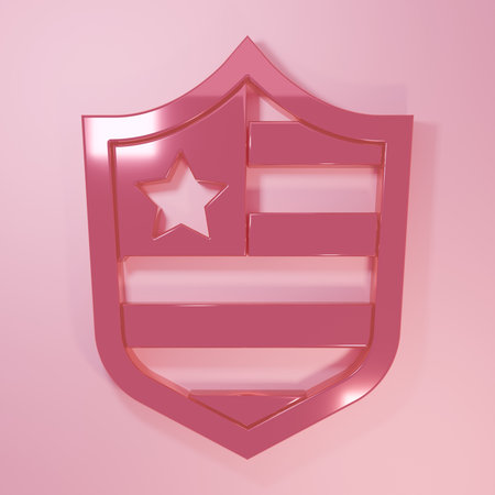 Pink Shield with stars and stripes icon isolated on pink background. United States of America country flag. 4th of July. USA Independence day. Minimalism concept. 3D render illustration.の写真素材