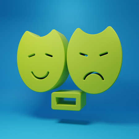 Green Comedy and tragic theatrical masks icon isolated on blue background. Minimalism concept. 3D render illustration.の写真素材