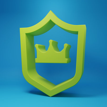 Green Shield with crown icon isolated on blue background. Minimalism concept. 3D render illustration.の写真素材