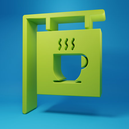 Green Street signboard coffee icon isolated on blue background. Minimalism concept. 3D render illustration.の写真素材