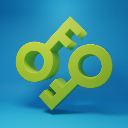 Green key icon isolated on blue background. Concept of cyber security or private key, digital key with technology interface. Minimalism concept. 3D render illustration.の写真素材