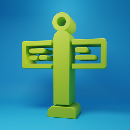 Green Road traffic sign. Signpost icon isolated on blue background. Pointer symbol. Street information sign. Direction sign. Minimalism concept. 3D render illustration.の写真素材