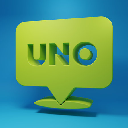 Green Uno card game icon isolated on blue background. Minimalism concept. 3D render illustration.の写真素材