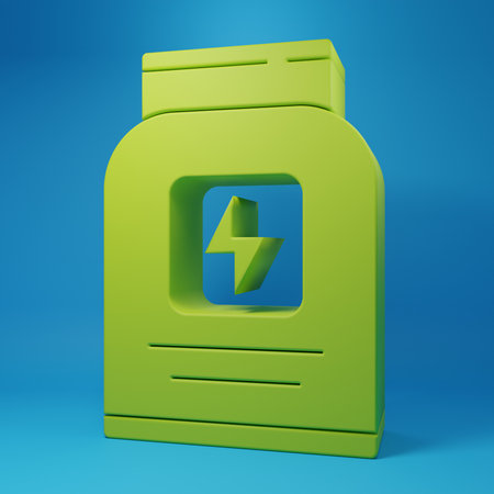 Green Sports nutrition bodybuilding power drink and food icon isolated on blue background. Minimalism concept. 3D render illustration.の写真素材