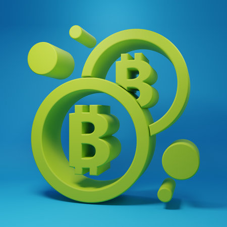 Green Cryptocurrency coin Bitcoin icon isolated on blue background. Physical bit coin. Blockchain based secure crypto currency. Minimalism concept. 3D render illustration.の写真素材