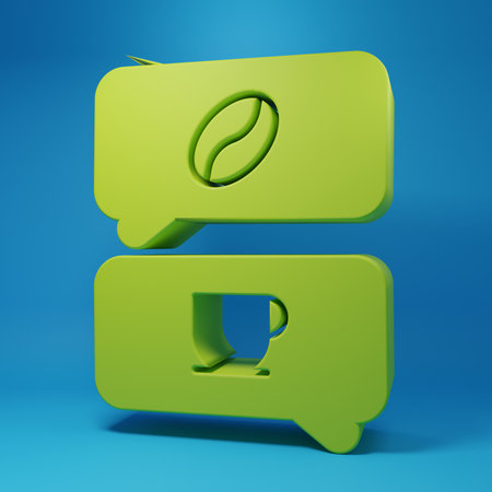 Green Coffee and conversation icon isolated on blue background. Coffee talk. Speech bubbles chat. Minimalism concept. 3D render illustration.の写真素材