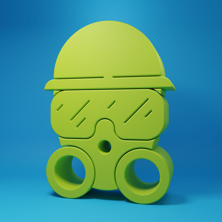 Green Gas mask icon isolated on blue background. Respirator sign. Minimalism concept. 3D render illustration.の写真素材