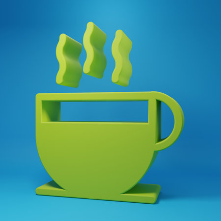 Green Coffee cup icon isolated on blue background. Tea cup. Hot drink coffee. Minimalism concept. 3D render illustration.の写真素材
