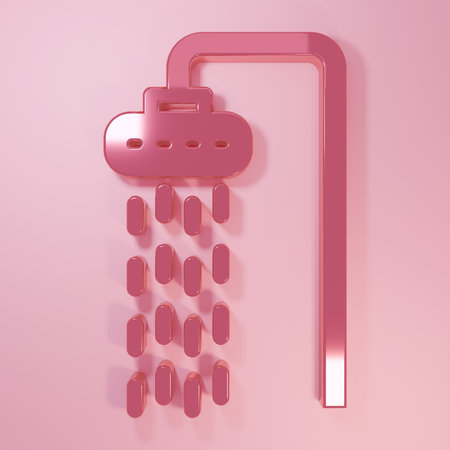 Pink Shower head with water drops flowing icon isolated on pink background. Minimalism concept. 3D render illustration.の写真素材