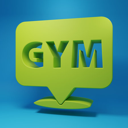 Green Location gym icon isolated on blue background. Minimalism concept. 3D render illustration.の写真素材