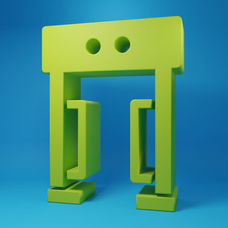 Green Metal detector icon isolated on blue background. Minimalism concept. 3D render illustration.の写真素材