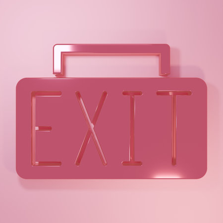 Pink Exit icon isolated on pink background. Fire emergency icon. Minimalism concept. 3D render illustration.の写真素材