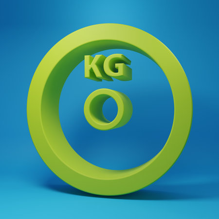 Green Weight plate icon isolated on blue background. Equipment for bodybuilding sport, workout exercise and fitness. Minimalism concept. 3D render illustration.の写真素材