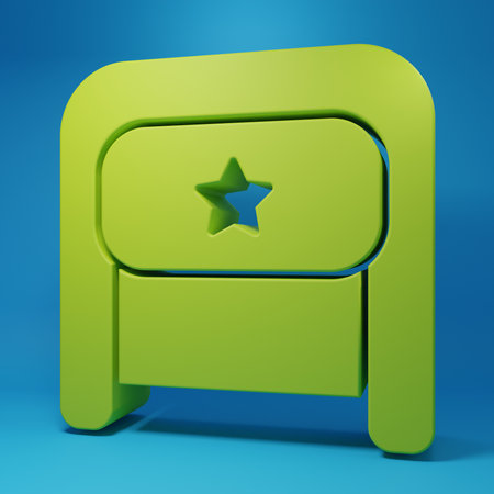 Green Ushanka icon isolated on blue background. Russian fur winter hat ushanka with star. Minimalism concept. 3D render illustration.の写真素材