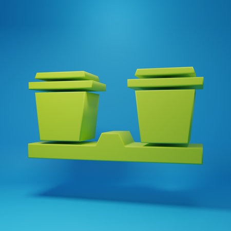 Green Coffee cup to go icon isolated on blue background. Minimalism concept. 3D render illustration.の写真素材