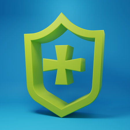 Green Shield icon isolated on blue background. Guard sign. Security, safety, protection, privacy concept. Minimalism concept. 3D render illustration.の写真素材