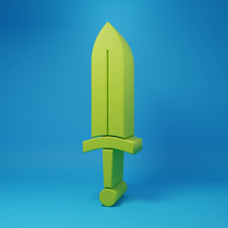 Green Medieval sword icon isolated on blue background. Medieval weapon. Minimalism concept. 3D render illustration.の写真素材