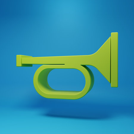 Green Trumpet icon isolated on blue background. Musical instrument trumpet. Minimalism concept. 3D render illustration.の写真素材