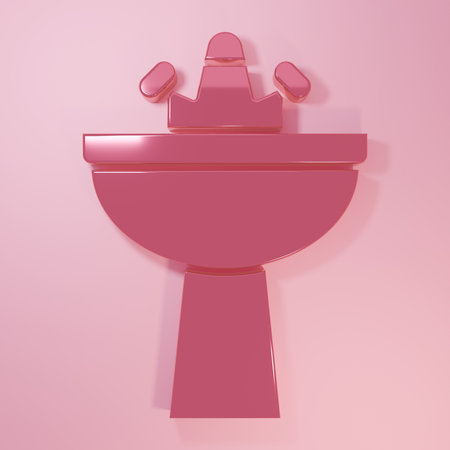 Pink Washbasin with water tap icon isolated on pink background. Minimalism concept. 3D render illustration.の写真素材