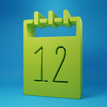 Green Calendar 12 June icon isolated on blue background. Minimalism concept. 3D render illustration.の写真素材