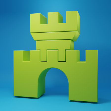 Green Castle icon isolated on blue background. Medieval fortress with a tower. Protection from enemies. Reliability and defense of the city. Minimalism concept. 3D render illustration.の写真素材