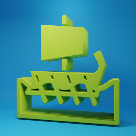 Green Ancient Greek trireme icon isolated on blue background. Minimalism concept. 3D render illustration.の写真素材