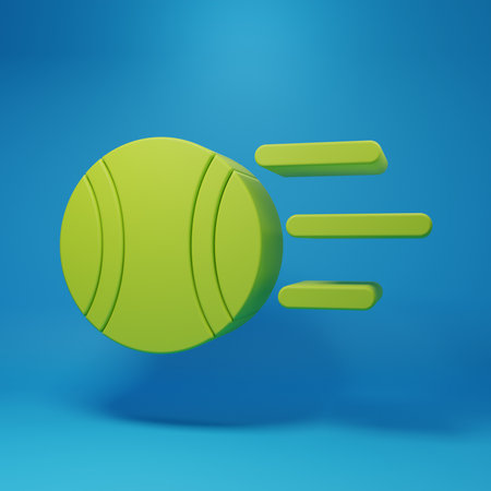 Green Tennis ball icon isolated on blue background. Sport equipment. Minimalism concept. 3D render illustration.の写真素材