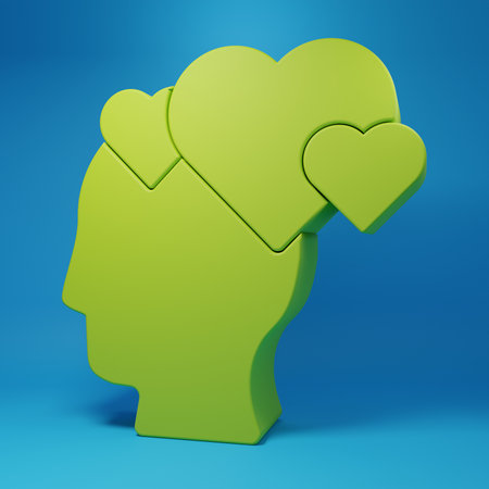 Green Human head with heart icon isolated on blue background. Love concept with human head. Minimalism concept. 3D render illustration.の写真素材