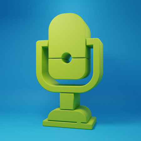 Green Microphone icon isolated on blue background. On air radio mic microphone. Speaker sign. Minimalism concept. 3D render illustration.の写真素材