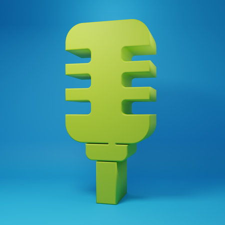 Green Microphone icon isolated on blue background. On air radio mic microphone. Speaker sign. Minimalism concept. 3D render illustration.の写真素材