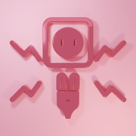 Pink Connecting electric plug with electricity spark icon isolated on pink background. Minimalism concept. 3D render illustration.の写真素材