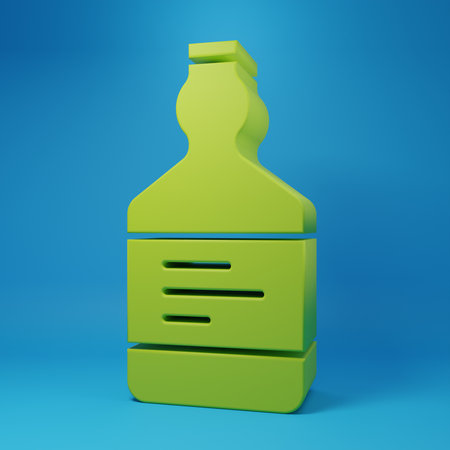 Green Tequila bottle icon isolated on blue background. Mexican alcohol drink. Minimalism concept. 3D render illustration.の写真素材