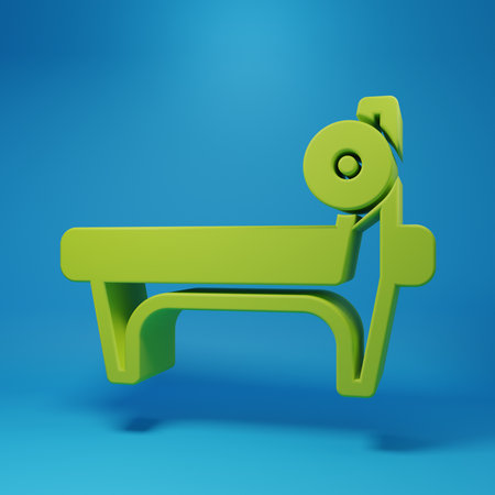 Green Bench with barbel icon isolated on blue background. Gym equipment. Bodybuilding, powerlifting, fitness concept. Minimalism concept. 3D render illustration.の写真素材