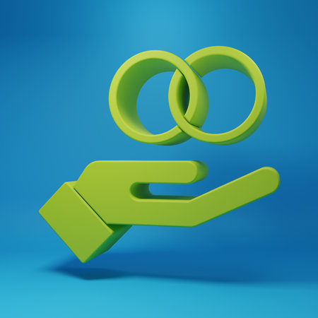 Green Wedding rings icon isolated on blue background. Bride and groom jewelry sign. Marriage symbol. Diamond ring. Minimalism concept. 3D render illustration.の写真素材