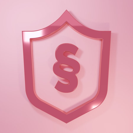 Pink Justice law in shield icon isolated on pink background. Minimalism concept. 3D render illustration.の写真素材