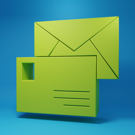 Green Envelope icon isolated on blue background. Email message letter symbol. Minimalism concept. 3D render illustration.の写真素材