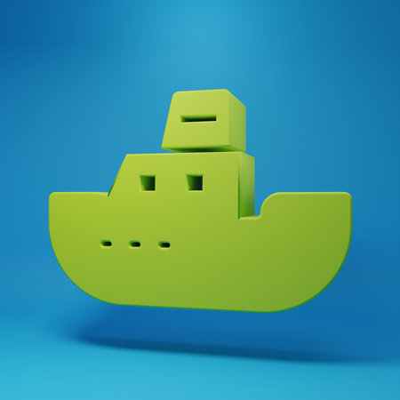 Green Toy boat icon isolated on blue background. Minimalism concept. 3D render illustration.の写真素材