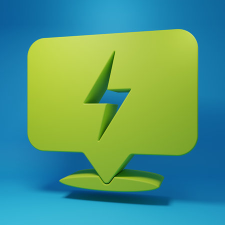 Green Lightning bolt icon isolated on blue background. Flash icon. Charge flash icon. Thunderbolt. Lighting strike. Minimalism concept. 3D render illustration.の写真素材