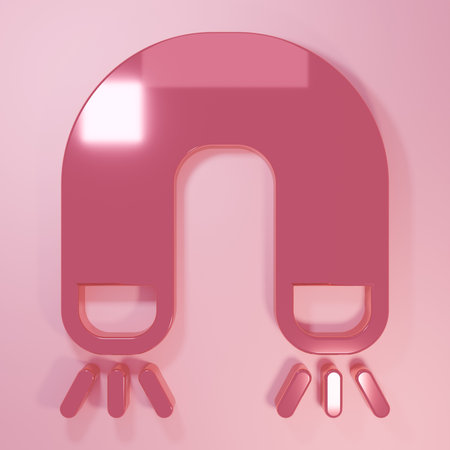 Pink Magnet icon isolated on pink background. Horseshoe magnet, magnetism, magnetize, attraction. Minimalism concept. 3D render illustration.の写真素材