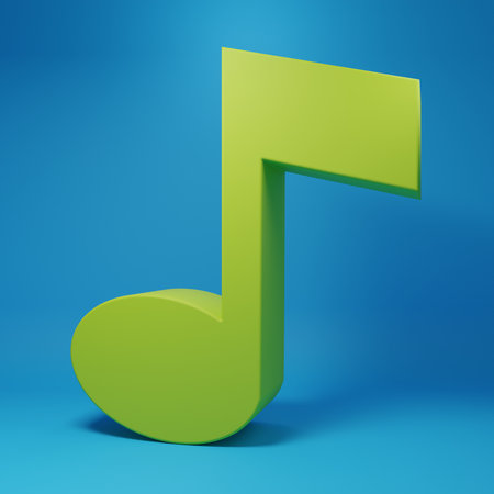 Green Music note, tone icon isolated on blue background. Minimalism concept. 3D render illustration.の写真素材