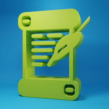 Green Decree, paper, parchment, scroll icon isolated on blue background. Minimalism concept. 3D render illustration.の写真素材