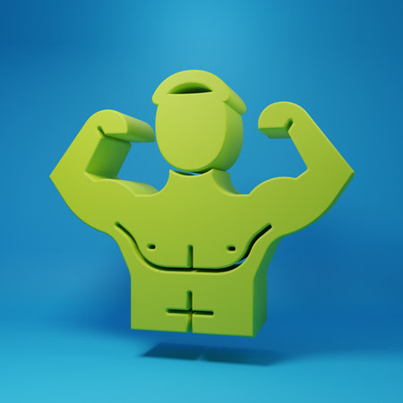 Green Bodybuilder showing his muscles icon isolated on blue background. Fit fitness strength health hobby concept. Minimalism concept. 3D render illustration.の写真素材