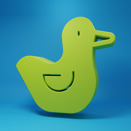 Green Rubber duck icon isolated on blue background. Minimalism concept. 3D render illustration.の写真素材
