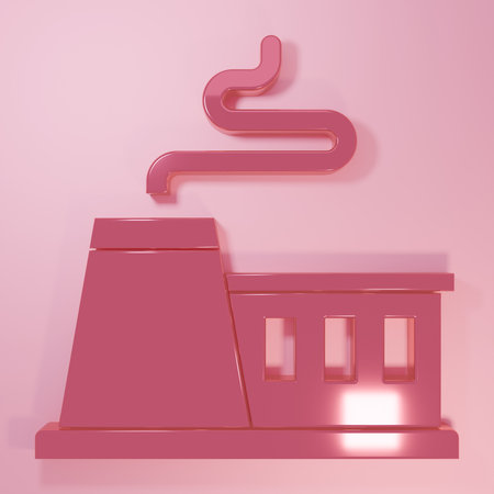 Pink Factory icon isolated on pink background. Industrial building. Minimalism concept. 3D render illustration.の写真素材