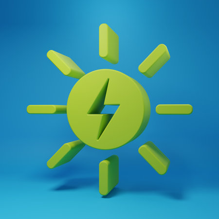 Green Solar energy panel icon isolated on blue background. Sun with lightning symbol. Minimalism concept. 3D render illustration.の写真素材