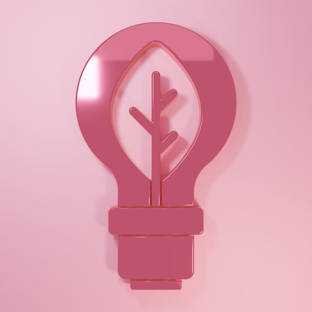 Pink Light bulb with leaf icon isolated on pink background. Eco energy concept. Alternative energy concept. Minimalism concept. 3D render illustration.の写真素材