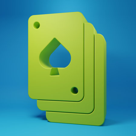 Green Playing cards icon isolated on blue background. Casino gambling. Minimalism concept. 3D render illustration.の写真素材
