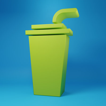 Green Paper glass with drinking straw and water icon isolated on blue background. Soda drink glass. Fresh cold beverage symbol. Minimalism concept. 3D render illustration.の写真素材